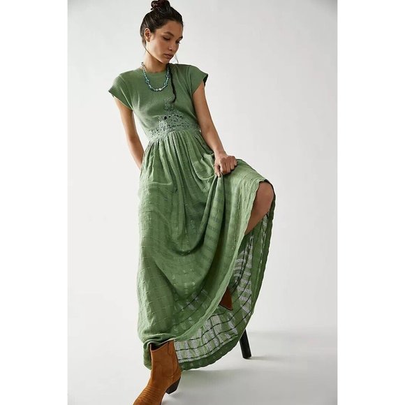 NWT FREE PEOPLE Sz L SERENITY MAXI DRESS RIBBED EMBROIDERED DRESS IN STILL POND - Picture 3 of 4
